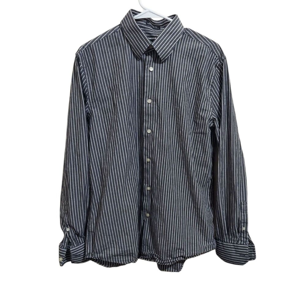 Express 1mx Modern Fit Stretch Cotton Grey Pinstripe Men's Shirt Size Large